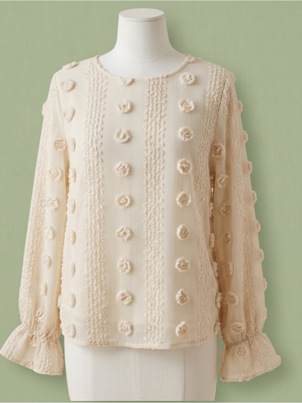 Bohme | Women's Cream Raised Rosette Flowers Sheer Poetcore  Lined Blouse L